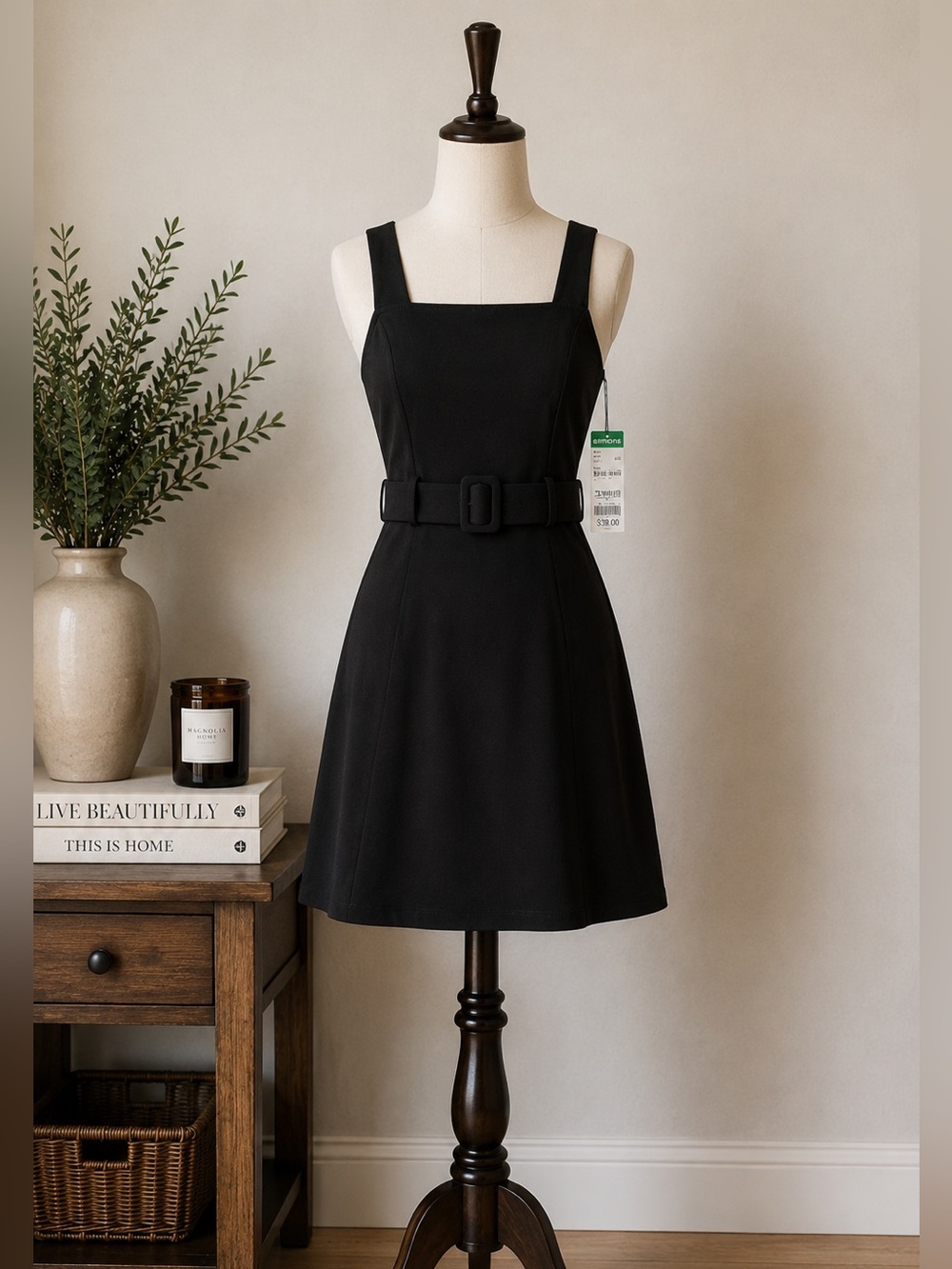 NWT TWIK Feminine Black Square Neck Belted A-Line Mini Dress Women's Size Medium